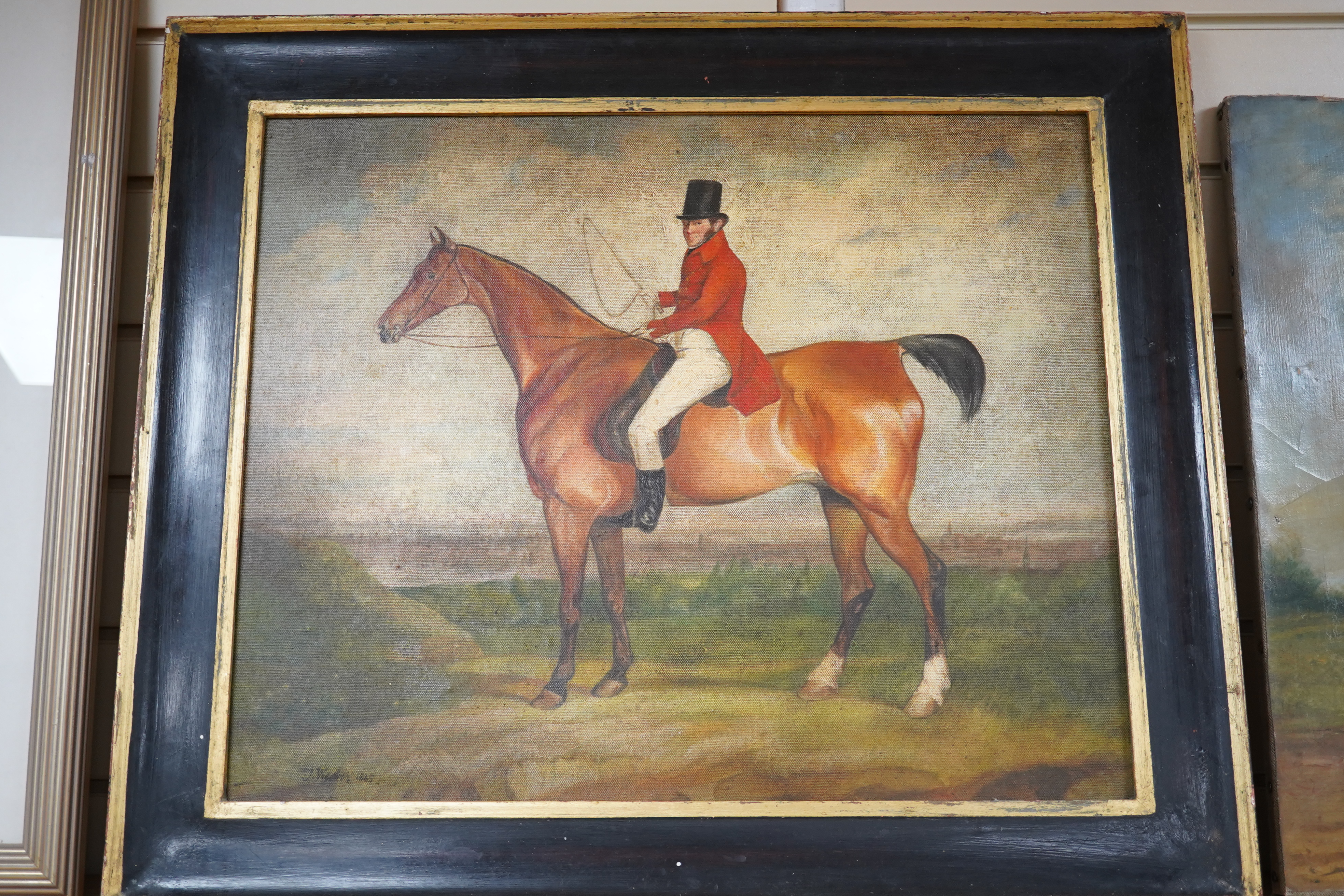 J. Weaver, naive oil on canvas board, Study of a huntsman on horseback, signed and bears date 1885, 44 x 53cm. Condition - fair, would benefit from a clean